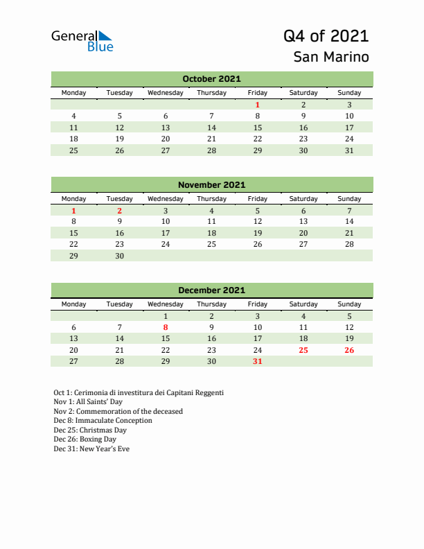 Quarterly Calendar 2021 with San Marino Holidays