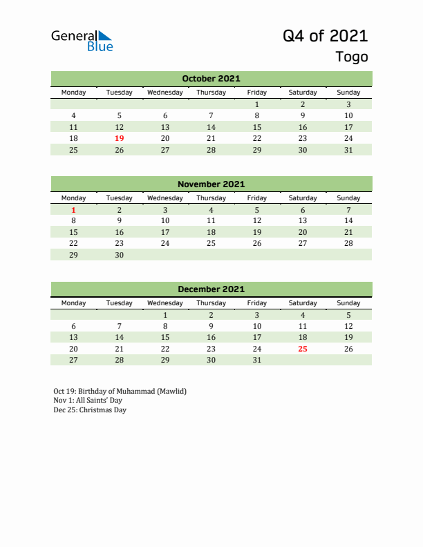 Quarterly Calendar 2021 with Togo Holidays