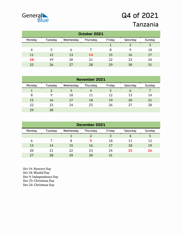 Quarterly Calendar 2021 with Tanzania Holidays