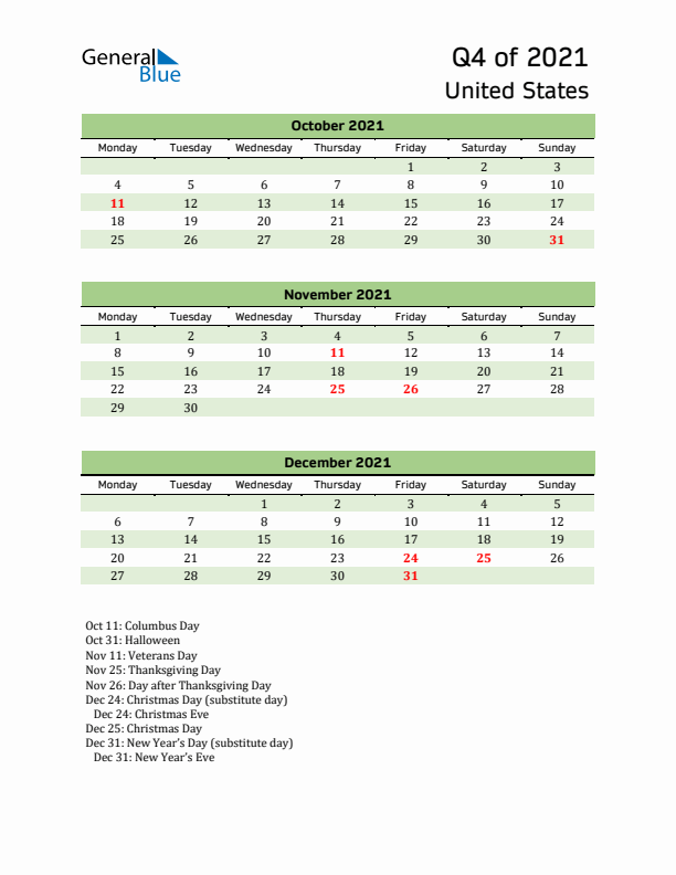 Quarterly Calendar 2021 with United States Holidays