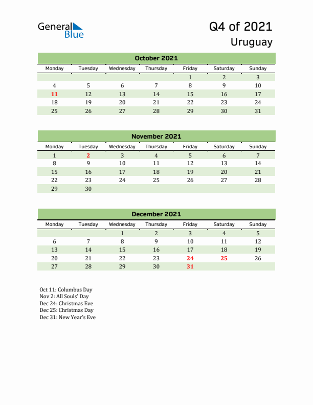 Quarterly Calendar 2021 with Uruguay Holidays