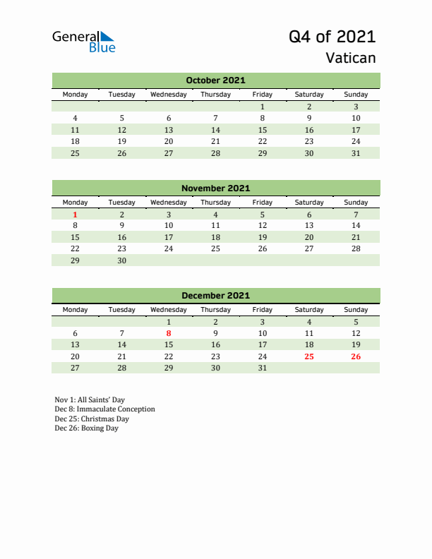 Quarterly Calendar 2021 with Vatican Holidays