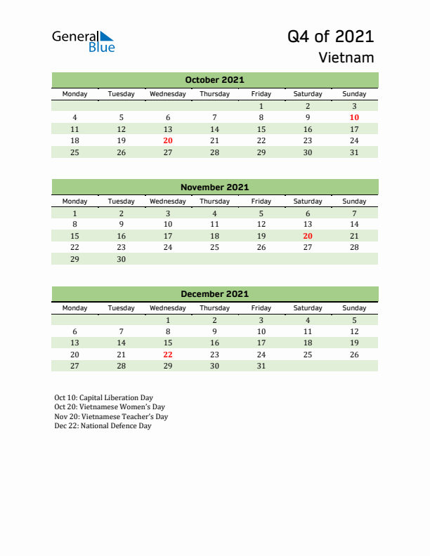 Quarterly Calendar 2021 with Vietnam Holidays