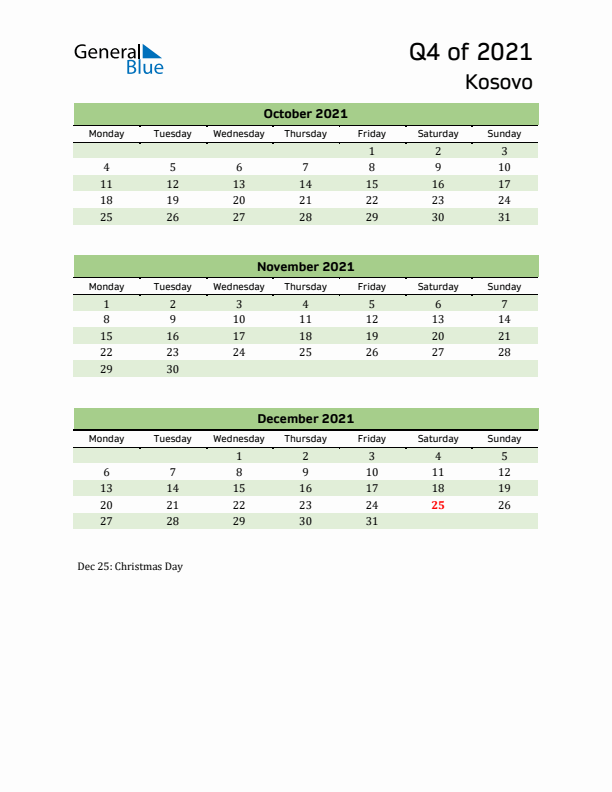 Quarterly Calendar 2021 with Kosovo Holidays