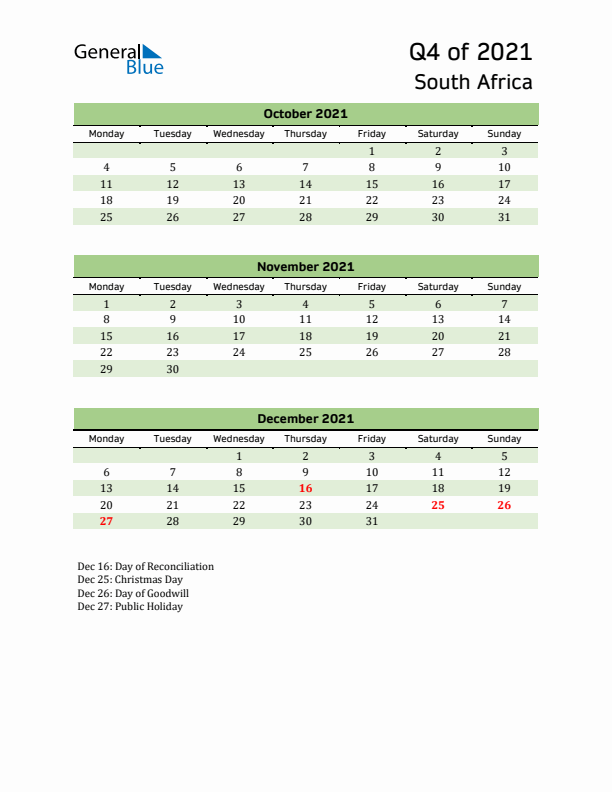 Quarterly Calendar 2021 with South Africa Holidays