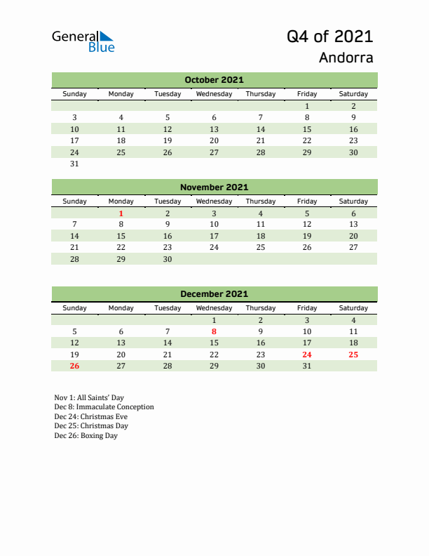 Quarterly Calendar 2021 with Andorra Holidays