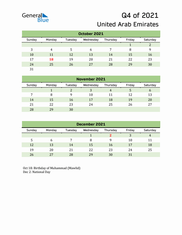 Quarterly Calendar 2021 with United Arab Emirates Holidays