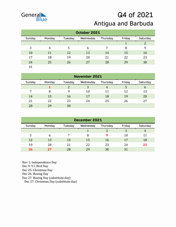 Quarterly Calendar 2021 with Antigua and Barbuda Holidays