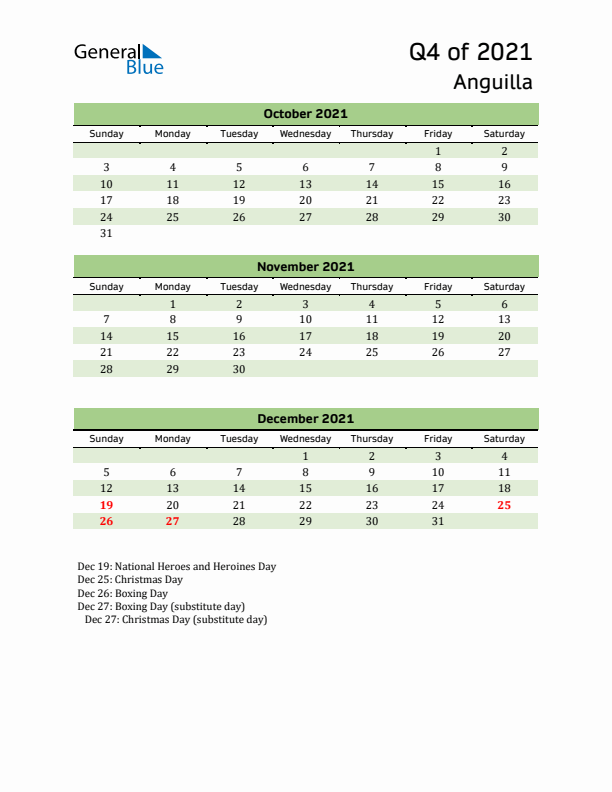 Quarterly Calendar 2021 with Anguilla Holidays