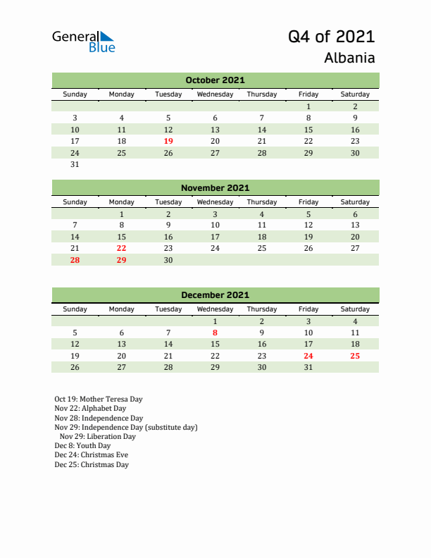 Quarterly Calendar 2021 with Albania Holidays