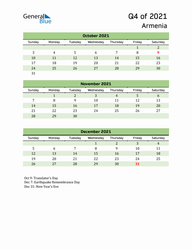 Quarterly Calendar 2021 with Armenia Holidays