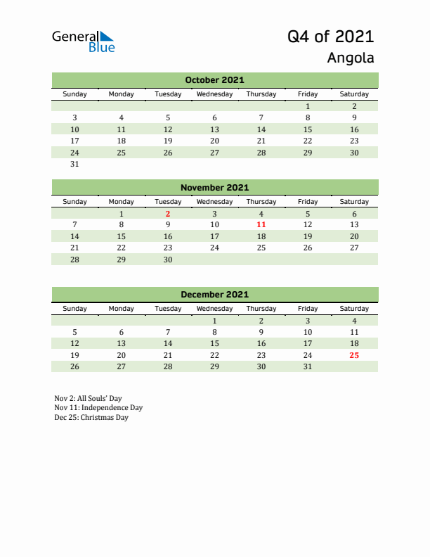 Quarterly Calendar 2021 with Angola Holidays