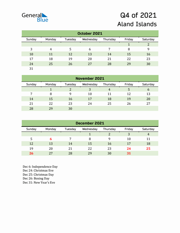 Quarterly Calendar 2021 with Aland Islands Holidays