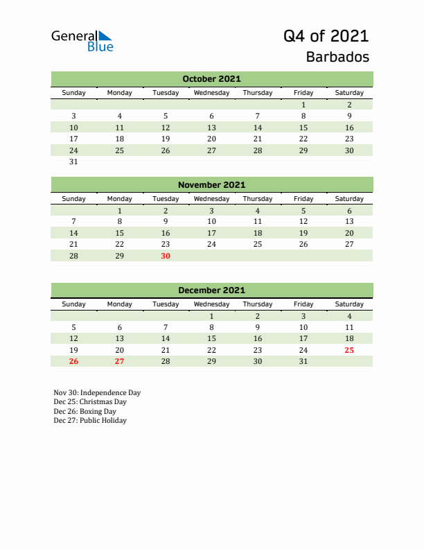 Quarterly Calendar 2021 with Barbados Holidays