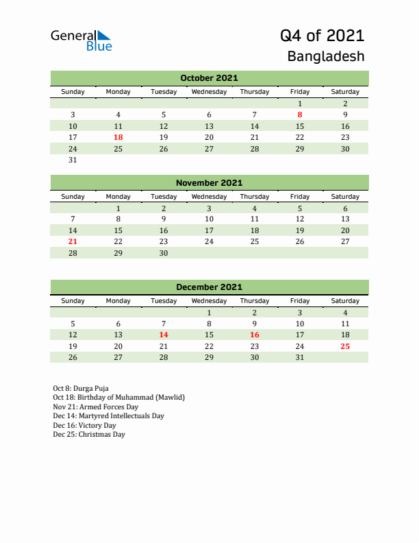 Quarterly Calendar 2021 with Bangladesh Holidays