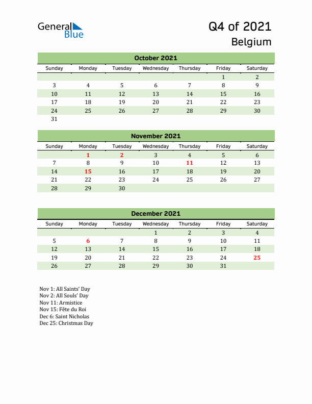 Quarterly Calendar 2021 with Belgium Holidays