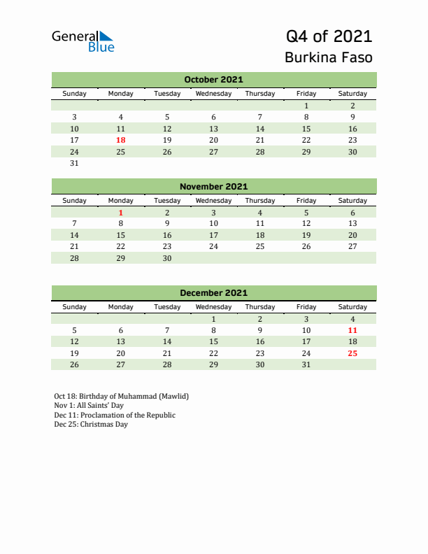 Quarterly Calendar 2021 with Burkina Faso Holidays