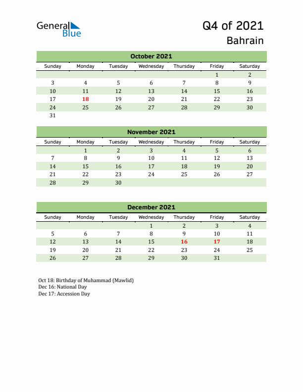 Quarterly Calendar 2021 with Bahrain Holidays