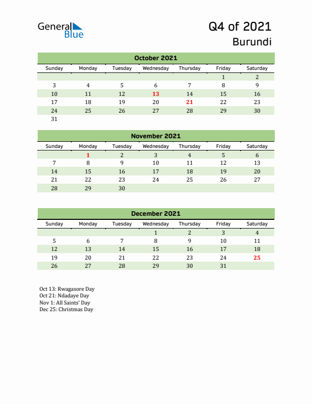 Quarterly Calendar 2021 with Burundi Holidays