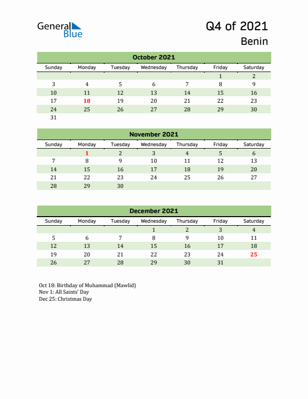 Quarterly Calendar 2021 with Benin Holidays