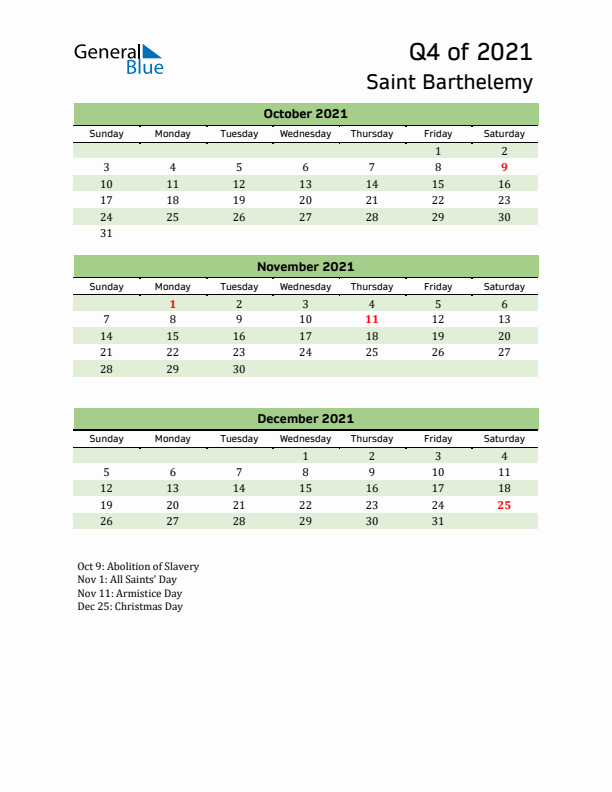 Quarterly Calendar 2021 with Saint Barthelemy Holidays