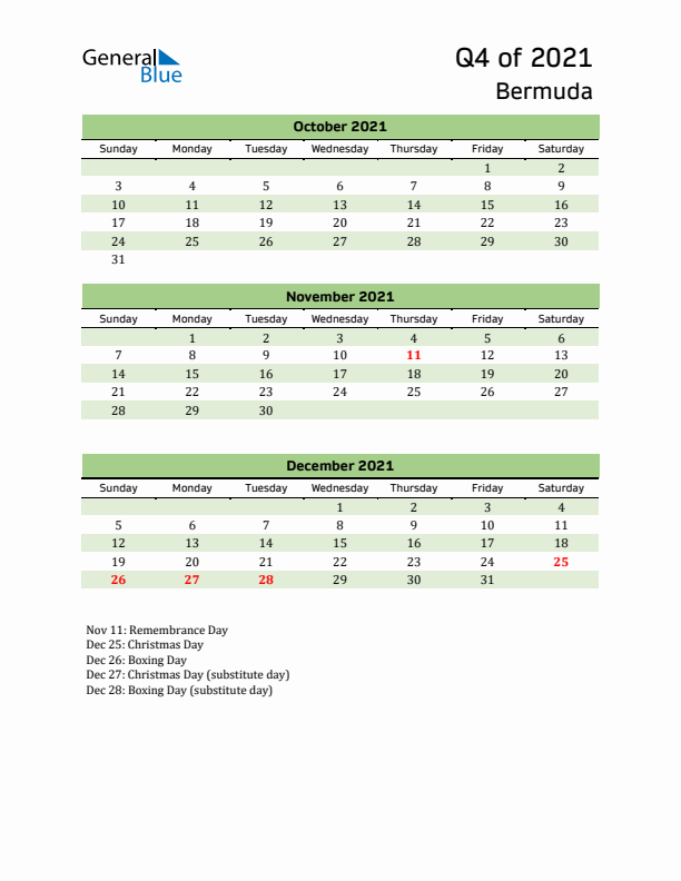 Quarterly Calendar 2021 with Bermuda Holidays