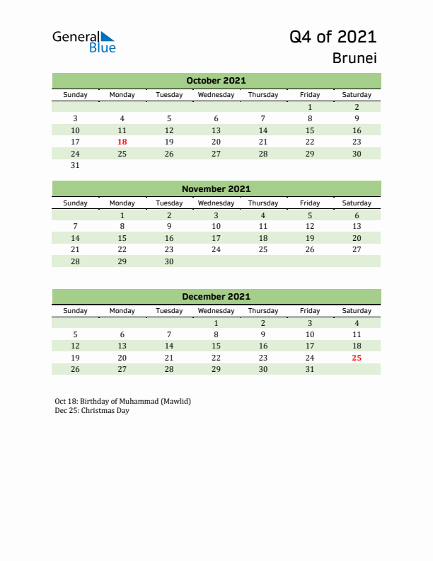 Quarterly Calendar 2021 with Brunei Holidays