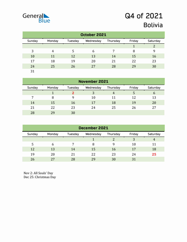 Quarterly Calendar 2021 with Bolivia Holidays