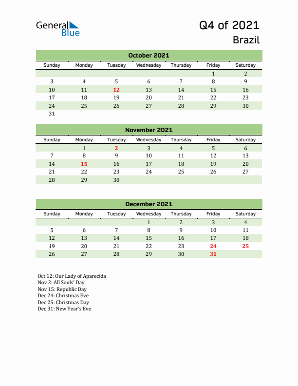 Quarterly Calendar 2021 with Brazil Holidays