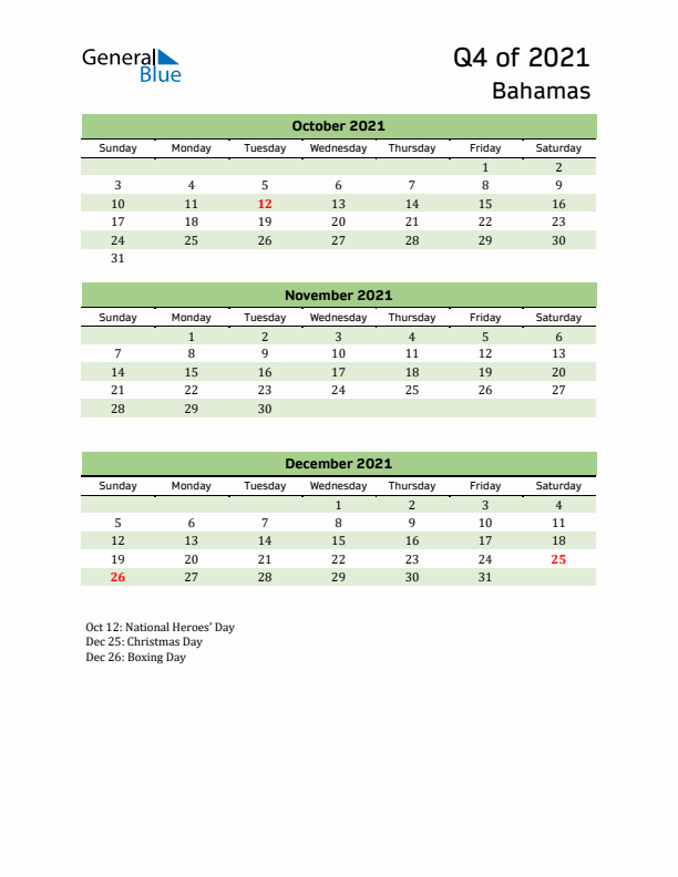 Quarterly Calendar 2021 with Bahamas Holidays