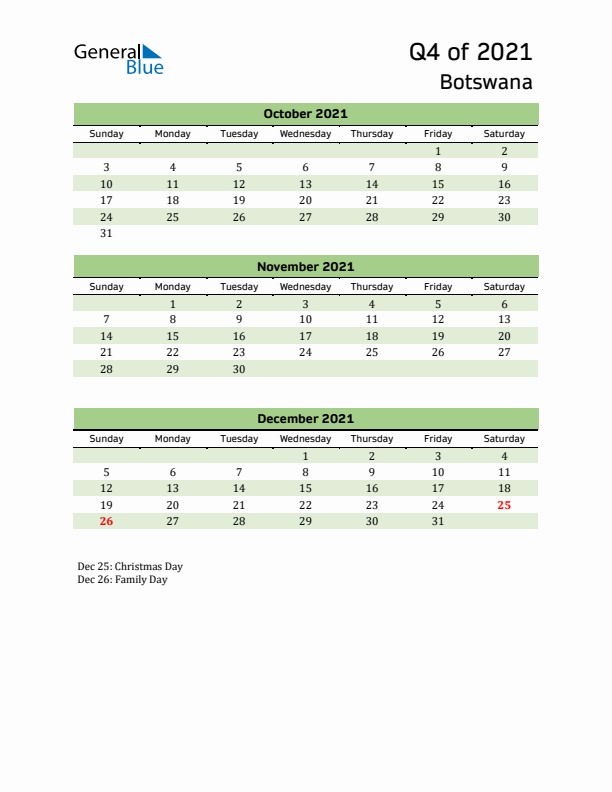 Quarterly Calendar 2021 with Botswana Holidays