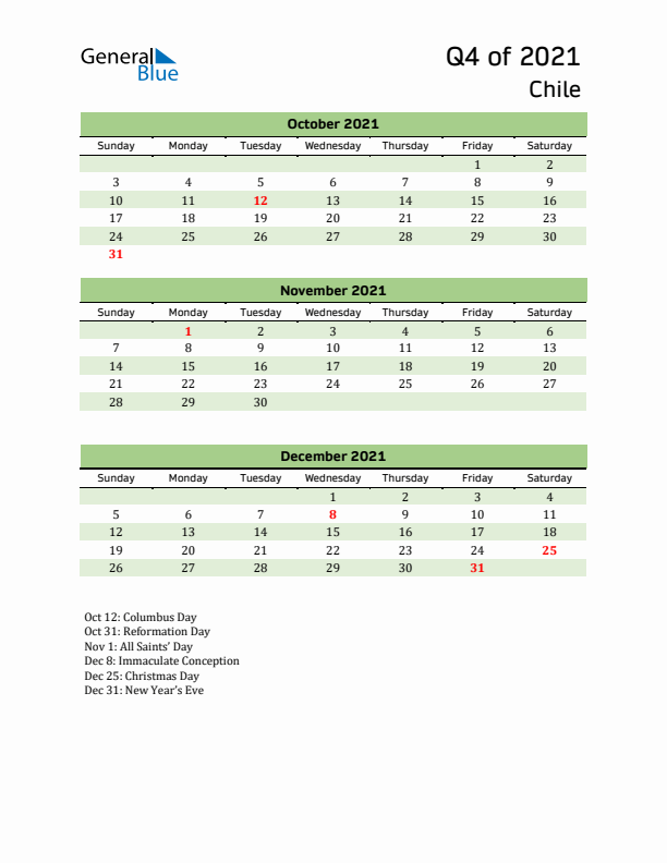 Quarterly Calendar 2021 with Chile Holidays