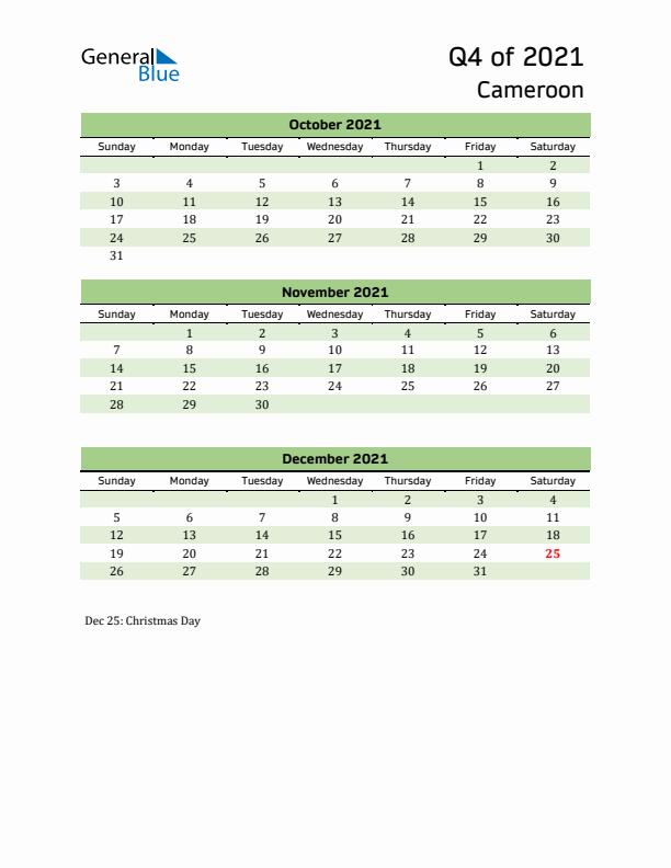 Quarterly Calendar 2021 with Cameroon Holidays