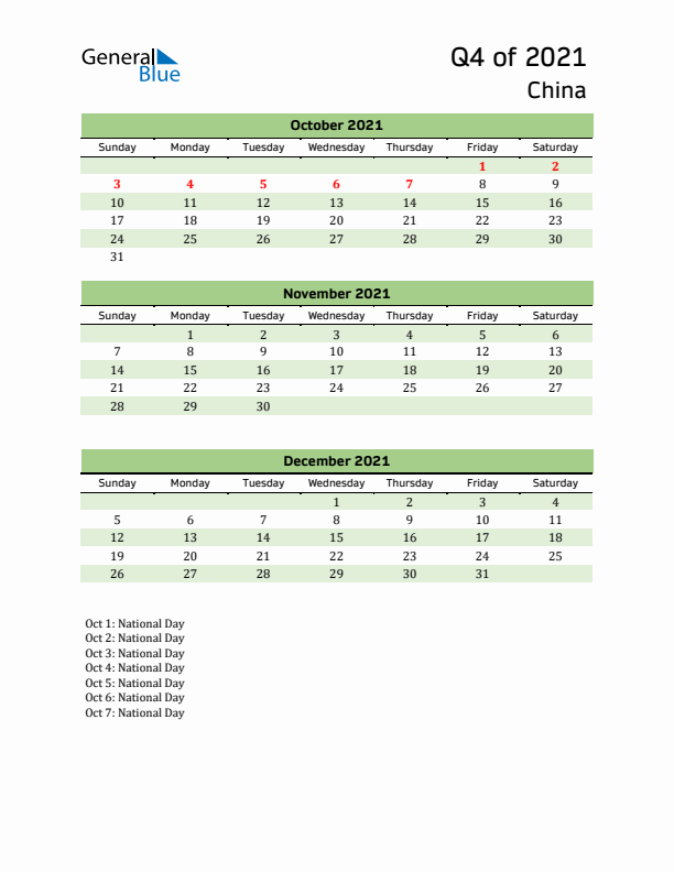 Quarterly Calendar 2021 with China Holidays