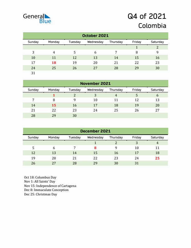 Quarterly Calendar 2021 with Colombia Holidays