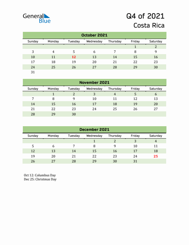 Quarterly Calendar 2021 with Costa Rica Holidays