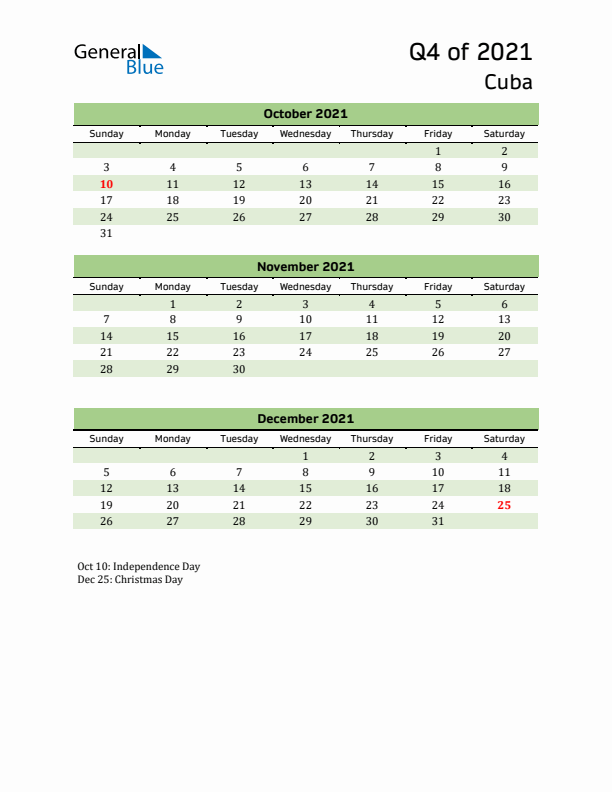 Quarterly Calendar 2021 with Cuba Holidays