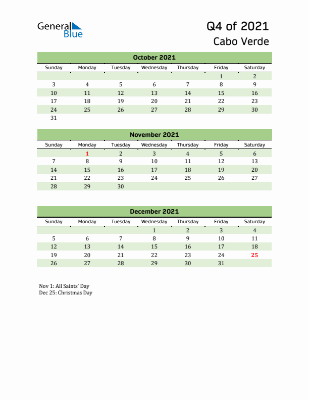 Quarterly Calendar 2021 with Cabo Verde Holidays