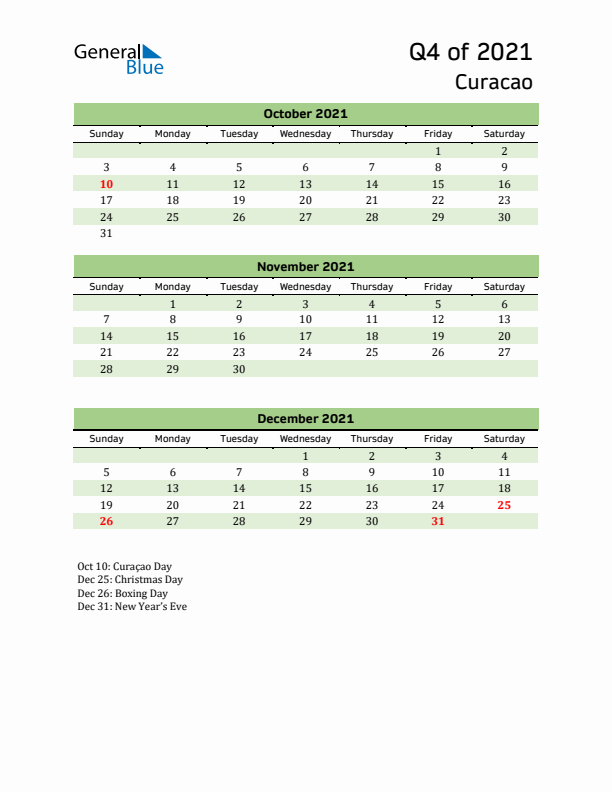 Quarterly Calendar 2021 with Curacao Holidays