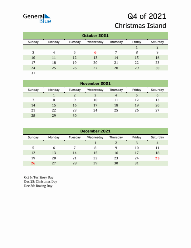 Quarterly Calendar 2021 with Christmas Island Holidays