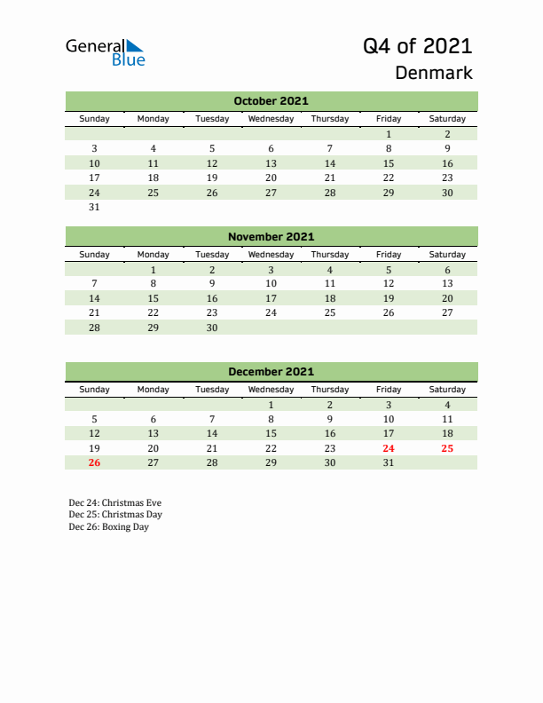 Quarterly Calendar 2021 with Denmark Holidays