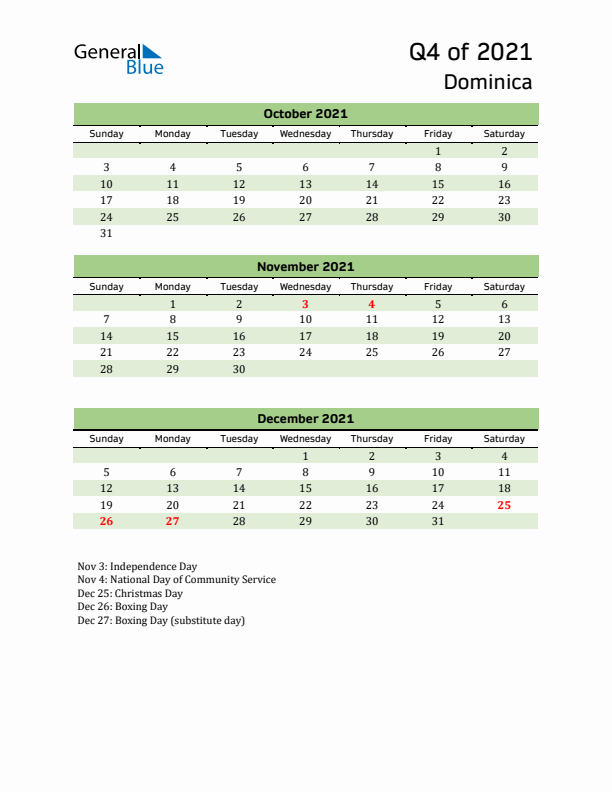 Quarterly Calendar 2021 with Dominica Holidays