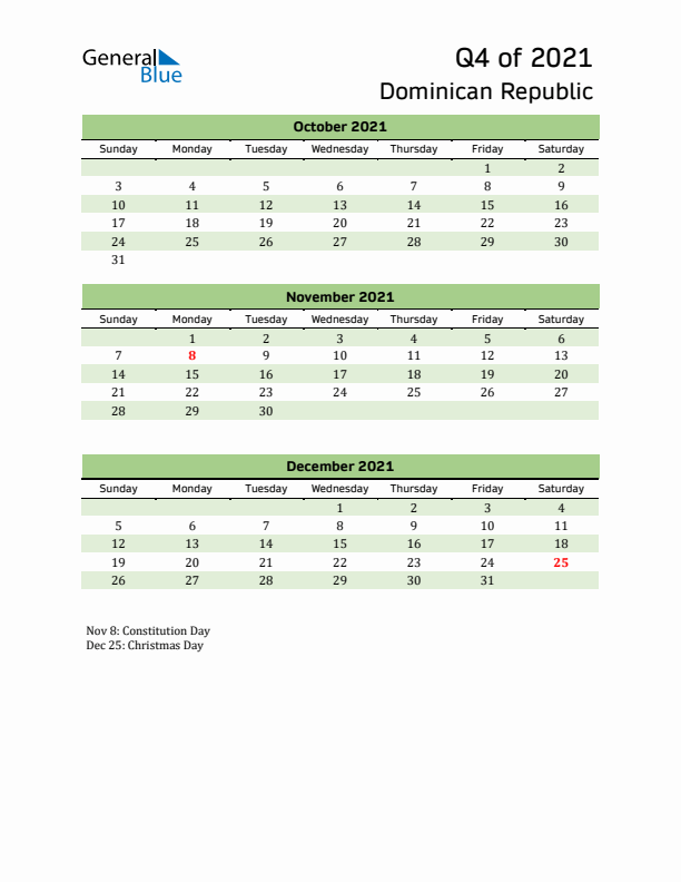 Quarterly Calendar 2021 with Dominican Republic Holidays