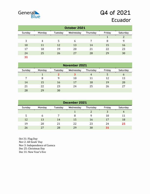 Quarterly Calendar 2021 with Ecuador Holidays