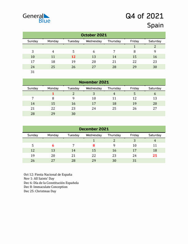 Quarterly Calendar 2021 with Spain Holidays