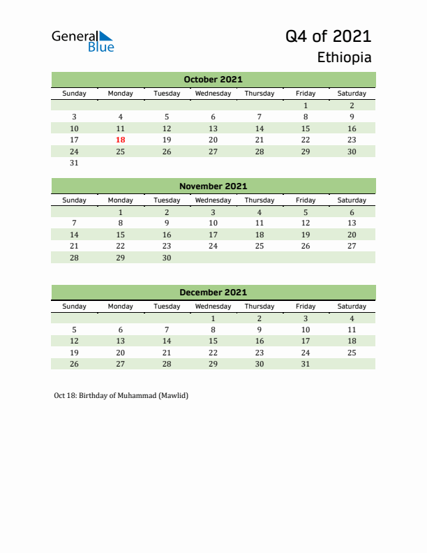 Quarterly Calendar 2021 with Ethiopia Holidays