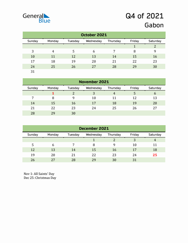 Quarterly Calendar 2021 with Gabon Holidays