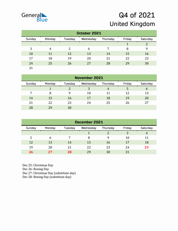 Quarterly Calendar 2021 with United Kingdom Holidays