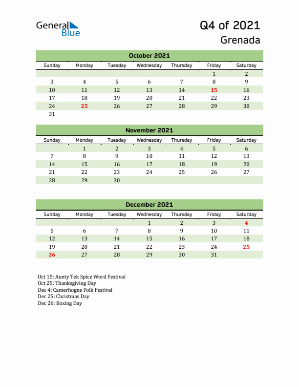 Quarterly Calendar 2021 with Grenada Holidays