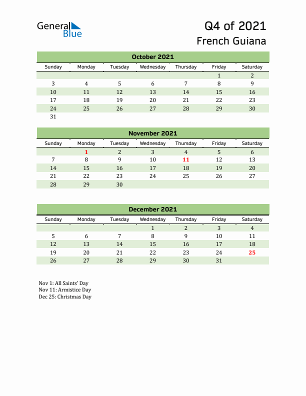 Quarterly Calendar 2021 with French Guiana Holidays